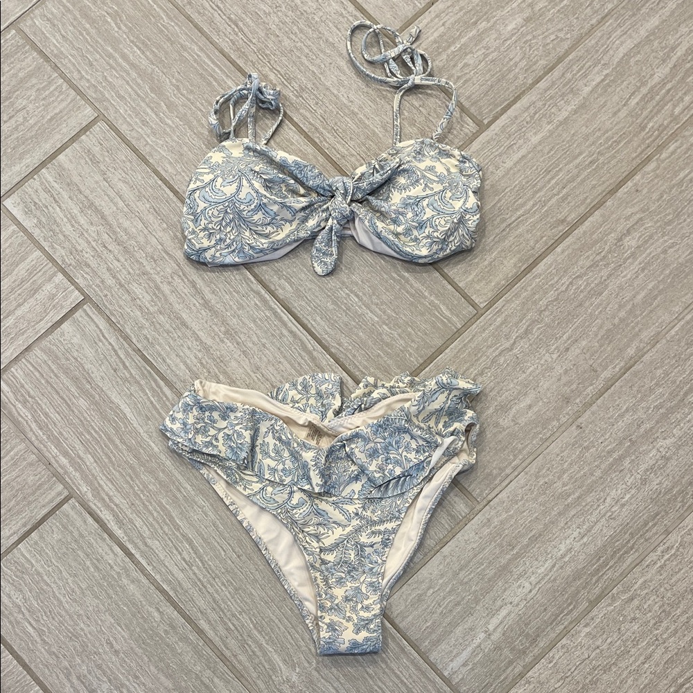Envya Blue and Cream Leaf Print Bikini Set